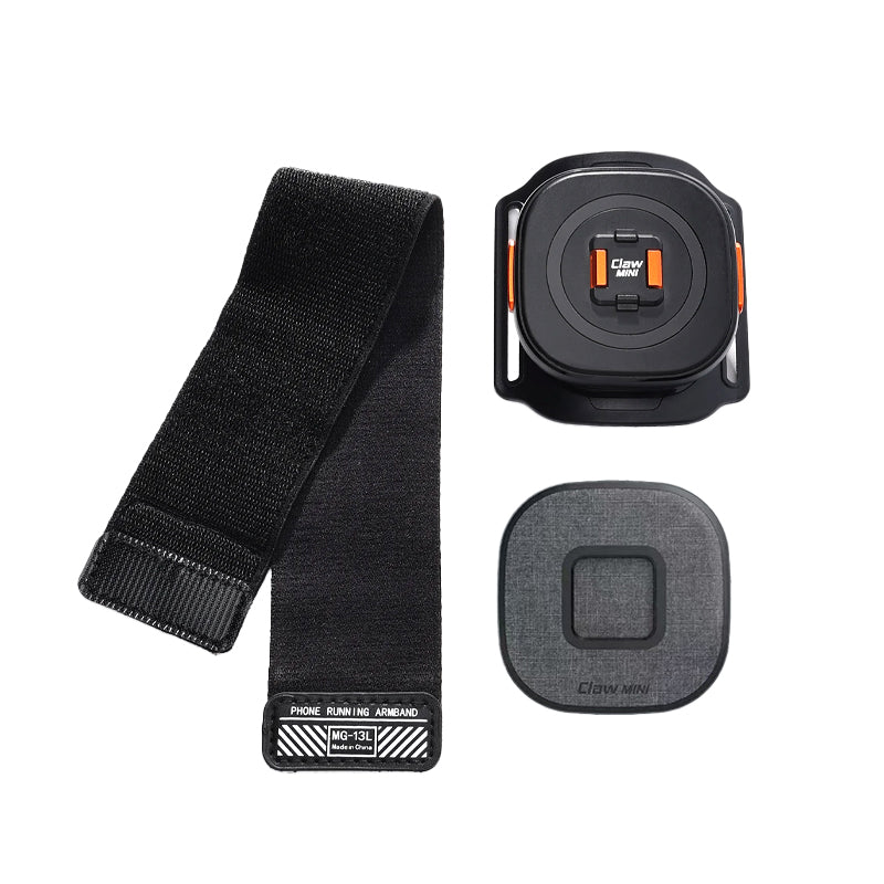 Flat lay of mini claw, strap and mount